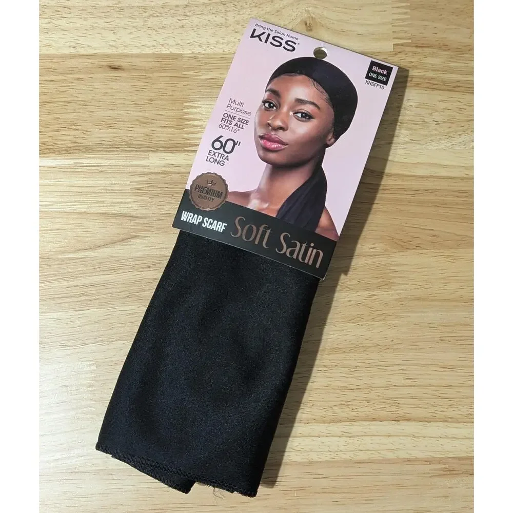 Kiss Soft Satin Wrap Scarf Black 60x16in Extra Long Hair Cover Multi-Purpose OS